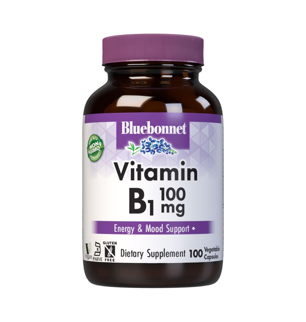 Bluebonnet vitamine B1 100 mg - Mood Support & Energy Vitamins for Women & Men* - Thiamin HCl - Non-GMO, Vegan, Kosher, Glutenvrij - Soy & Dairy-Free - 100 plantaardige Capsules, 100 Day Supply