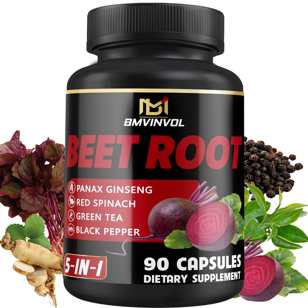 Beet Root Capsules - Green Tea, Red Spinach, Ginseng, Black Pepper - 90 Count - Supports Digestive, Immune System, Energy Levels - 3 Month Supply