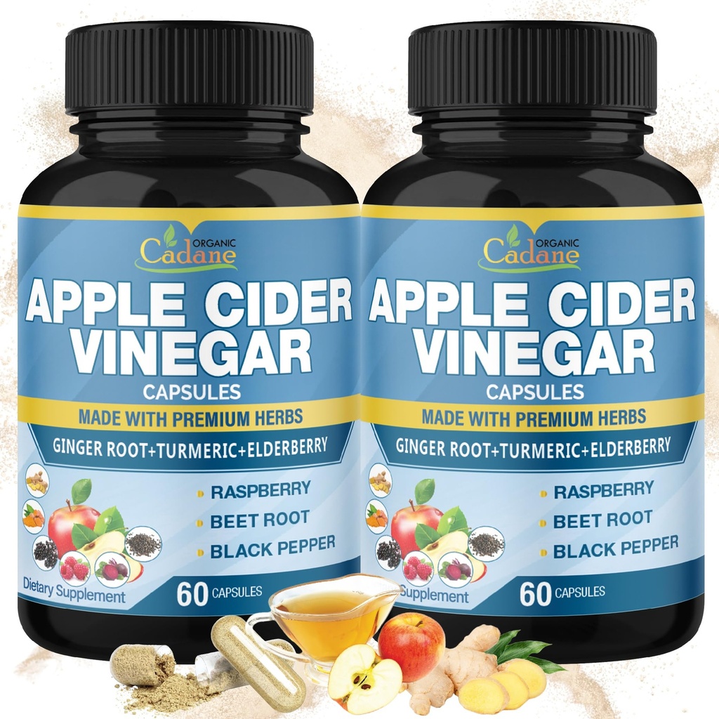 Organic Cadane 2 Packs Apple Cider Vinegar Extract Capsules, 4 Months Supply & Ginger, Turmeric Curcumin, Elderberry, Raspberry, Beet Root, Pepper | Immune System, Digestion Supports