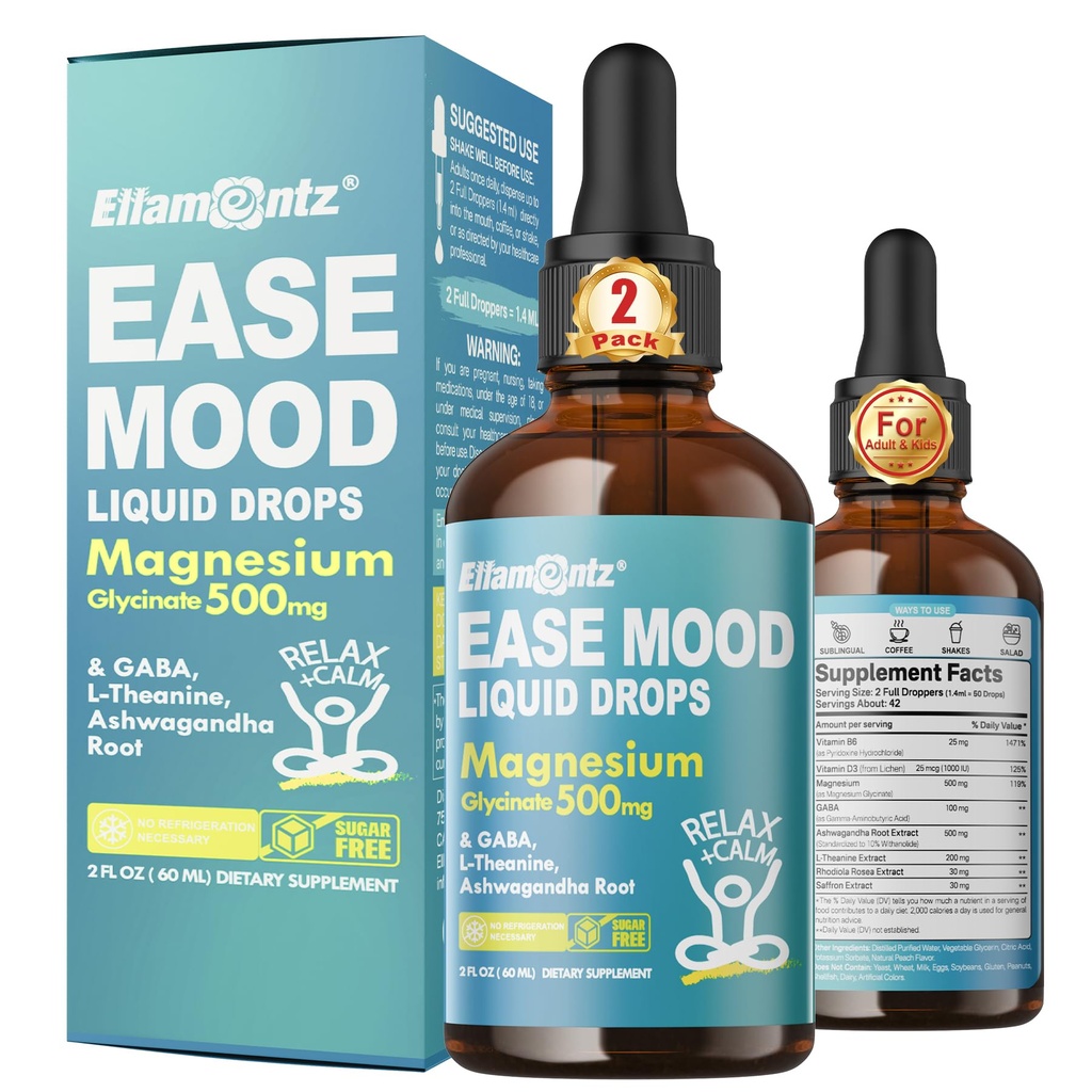 Magnesium Glycinate Liquid Drops for Kids, Adults with GABA, Ashwagandha, L-Theanine, Vitamin D3, B6, Saffron for Brain Calm, Muscle Relaxation, Mood, Zzz- Calm Magnesium Supplement, Vegan, 2 Pack