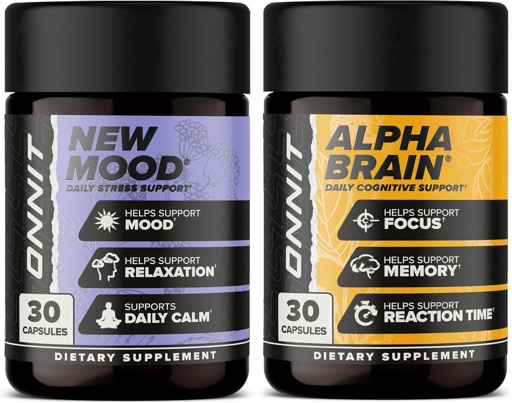 ONNIT Premium Alpha Brain Bundle - Nootropic Brain Supplement (30 Count) for Focus, Concentration & Memory + New Mood Supplement for Stress Relief, Sleep and Mood (30 Count)
