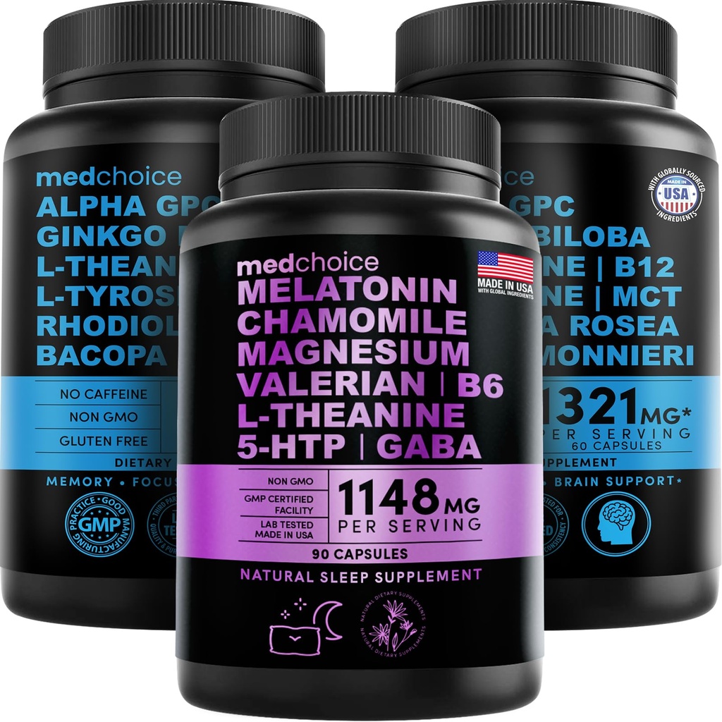 MEDCHOICE Sleep Melatonine (90ct) et Cerveau Nootropique (120ct) Supplément Bundle - Wellness Duo pour le sommeil, le cerveau, la concentration et l'humeur Support - Vegan, non-OGM, sans gluten