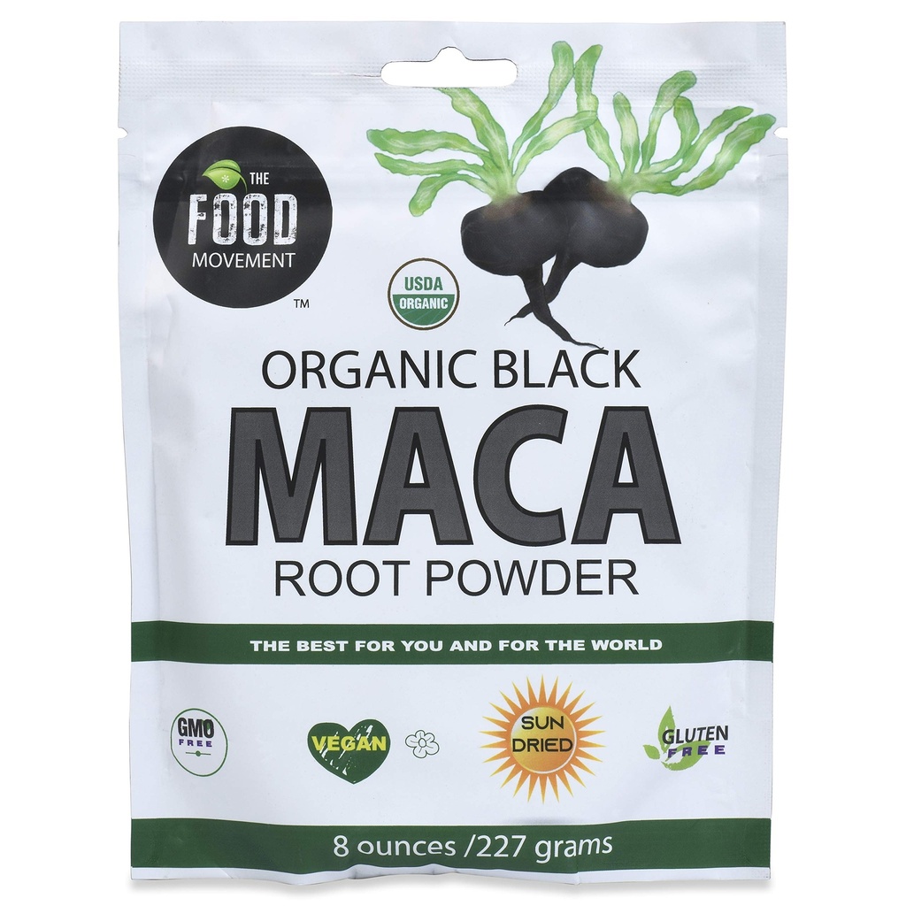 The Food Movement Co. Black Maca 8 oz poudre d'aliments crus - bio, non-OGM, végétalien, sans gluten - supplément de racine de maca noir pour le bien-être du corps entier