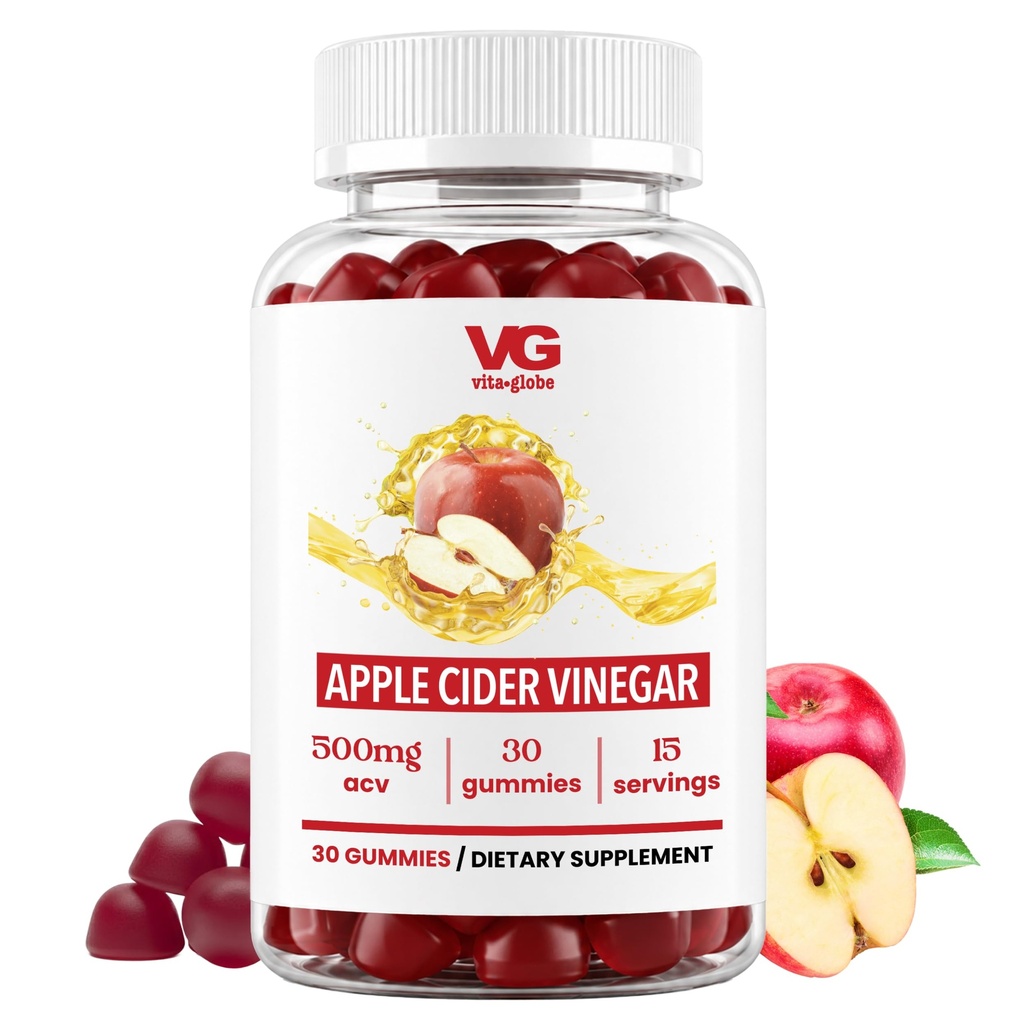 VITA GLOBE Apple Cider Vinegar Gummies 500mg with The Mother, Vitamin B6, B12 & Folate – A Tangy Apple Bite in Gummy Form, ACV Supplement for Energy, Metabolism & Digestive Health – 60 Count