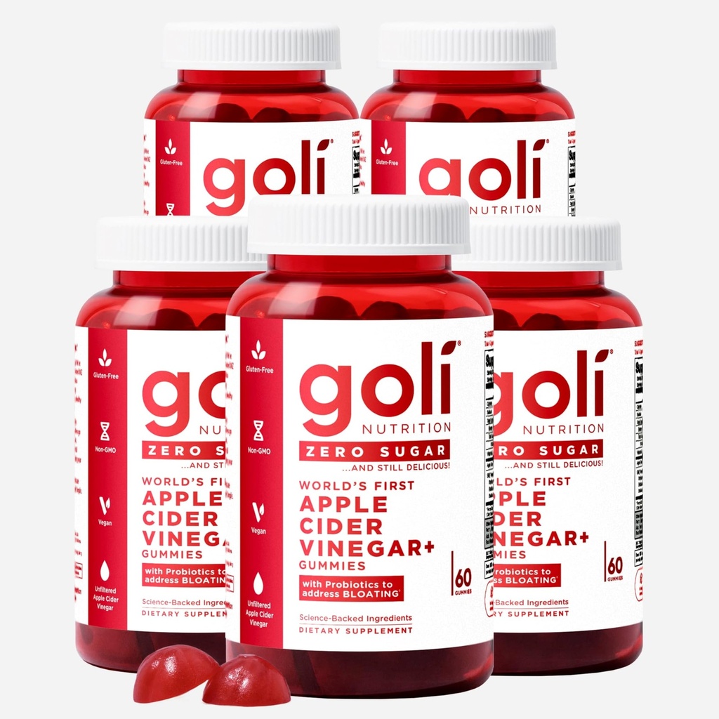Goli Zero Sugar Apple Cider Vinegar Gummies - ACV with Vitamin B12 and Probiotics - No Sugar Alcohols - Vegan, Keto-Friendly, Gluten-Free - 5 Pack