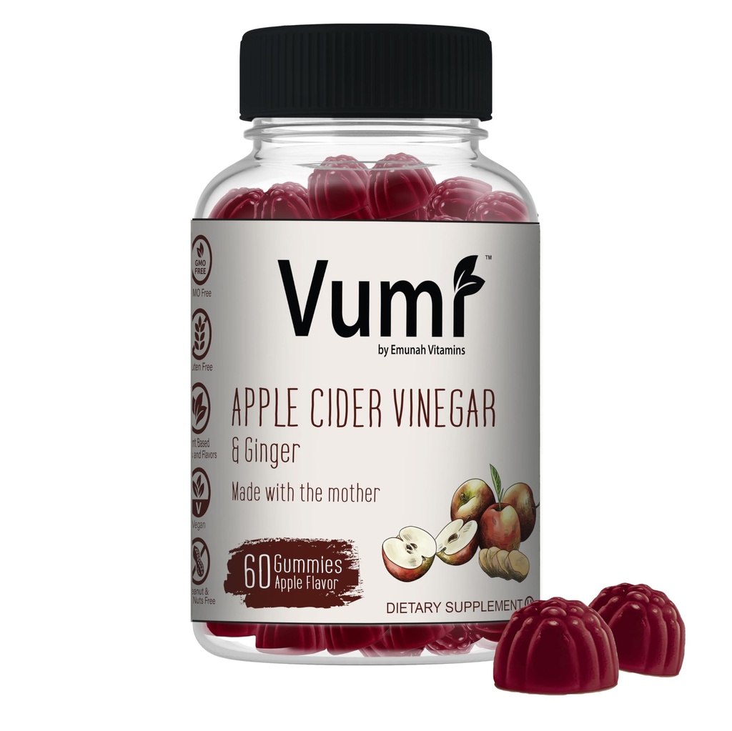 Vumi Apple Cider Vinegar Gummies with The Mother + Ginger, ACV Gummy Made with Real Fruit and Plant Based Ingredients, Vegan, Gluten Free, Non-GMO, OU Kosher, (60 Gummies)