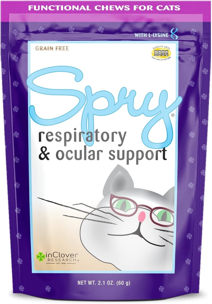 In Clover Spry Daily Respiratory en Ocular Support Zachte Kauwen voor katten, met L-Lysine, Superfoods, en Prebiotica voor een sterk immuunsysteem, 2.1 oz. (60 telling)
