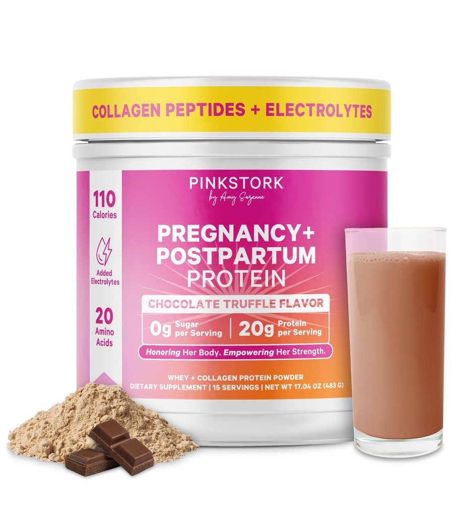 Pink Stork Zwangerschap & Postpartum Proteïne Poeder voor vrouwen, 20g Wei & Collageen, Prenatale & Borstvoeding Proteïne Shake Mix voor energie, herstel & hydratatie, chocolade, 15 porties