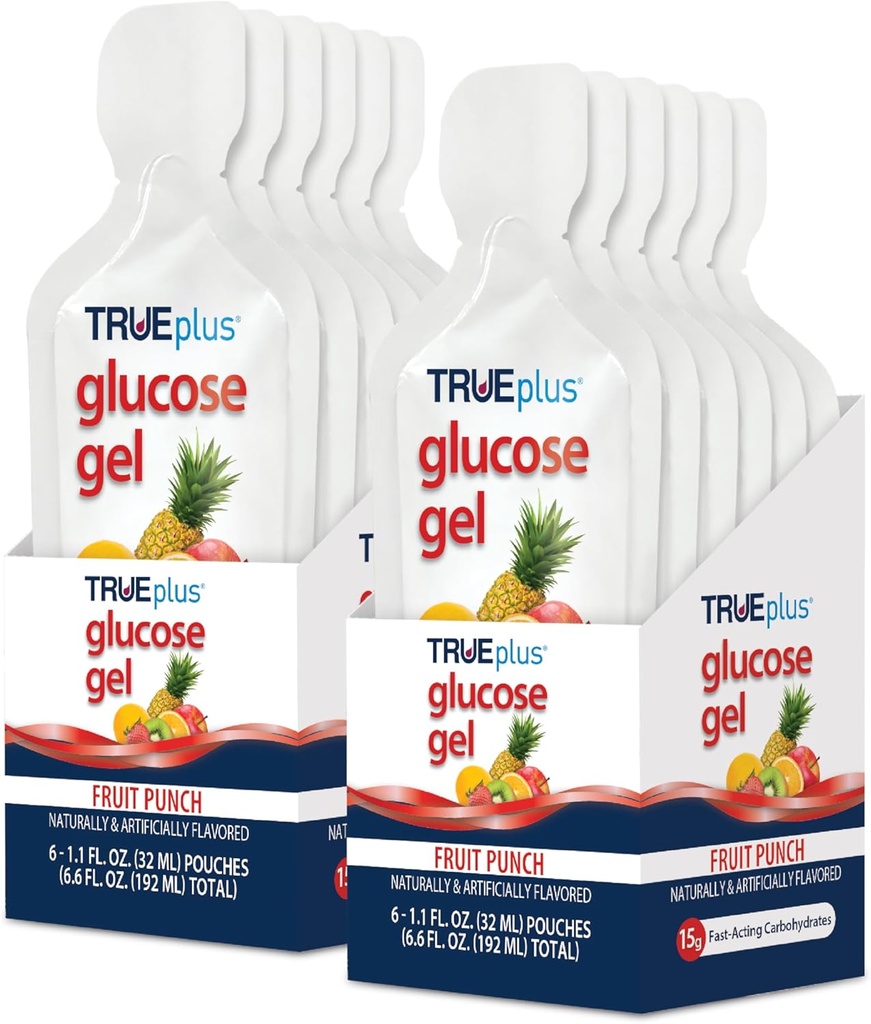 TRUEplus Glucose Gel Pouch, Fruit Punch Smaak, 15g Snelwerkende Koolhydraten, Vetvrij, Glutenvrij, Snelle Ondersteuning voor Lage Bloedsuiker en Energie, 12 Pack