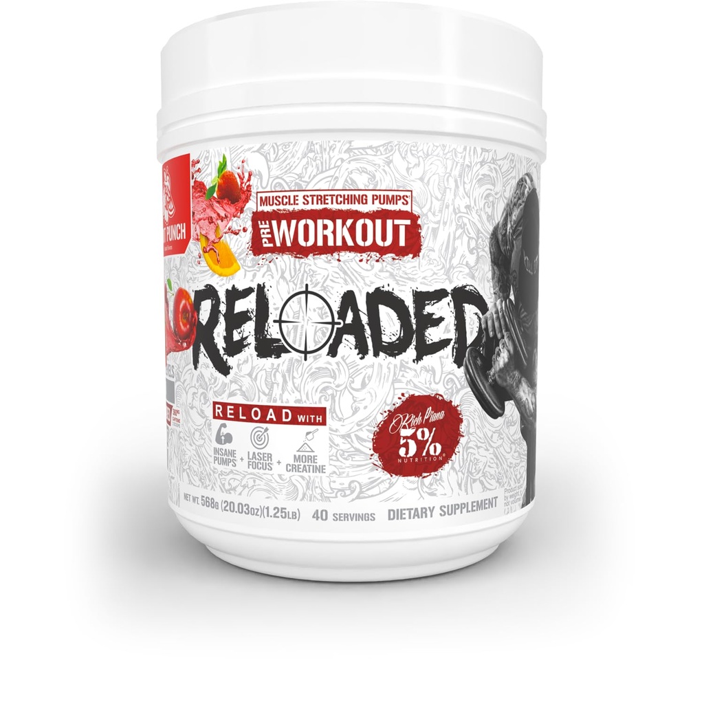 5% Nutrition Rich Piana Reloaded High Stim Pre-Workout | Ultra Energy, Focus, Pumps, Power & Endurance | Citrulline, GlycerSize, Nitrosigine, Creatine, Choline, Huperzine A (Fruit Punch)