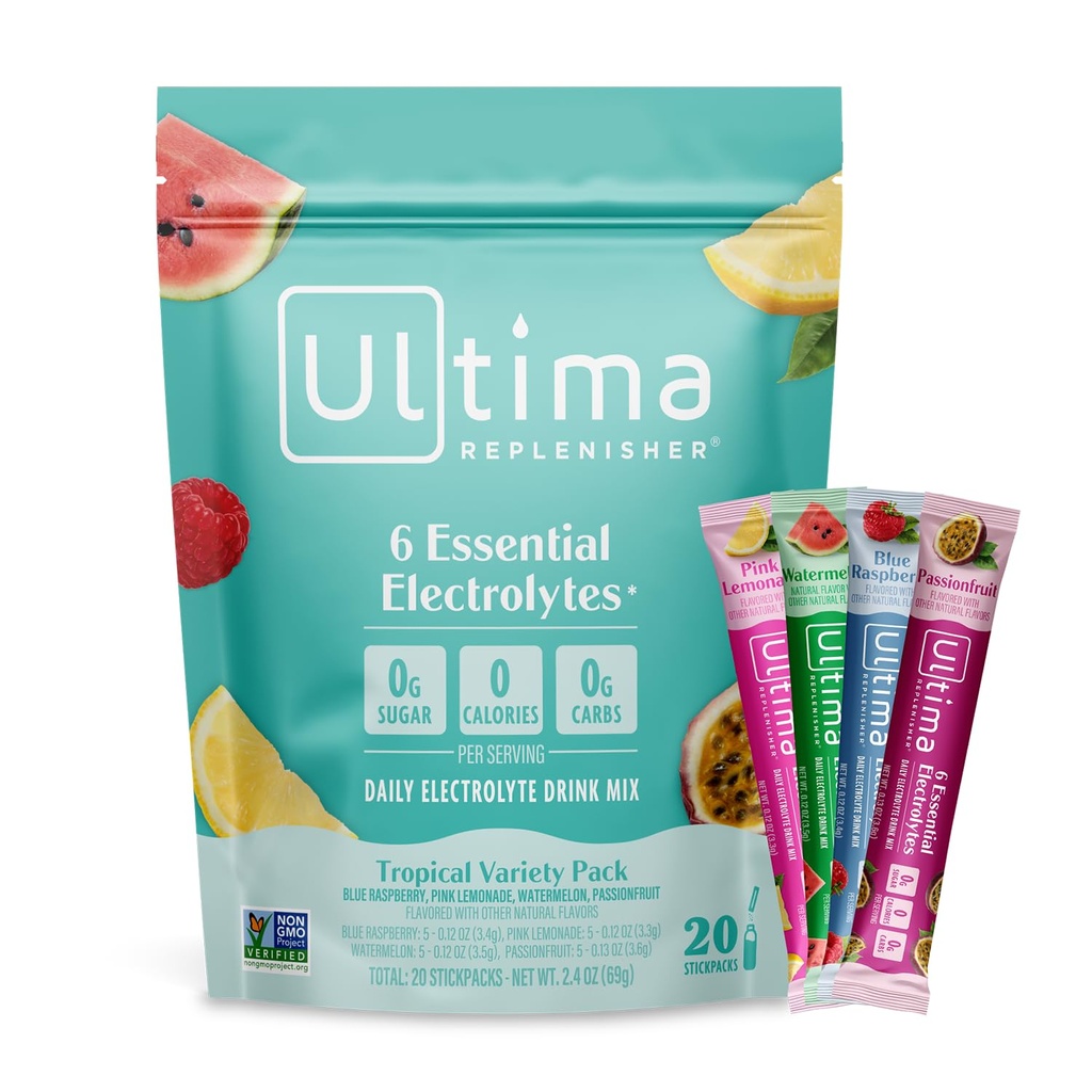Ultima Replenisher Daily Electrolyte Powder – Tropical Variety Pack, 20 Stickpacks – Zero Sugar Hydration Packets with 6 Electrolytes and Minerals – Sugar Free, Plant Based & Keto Friendly​ Drink Mix