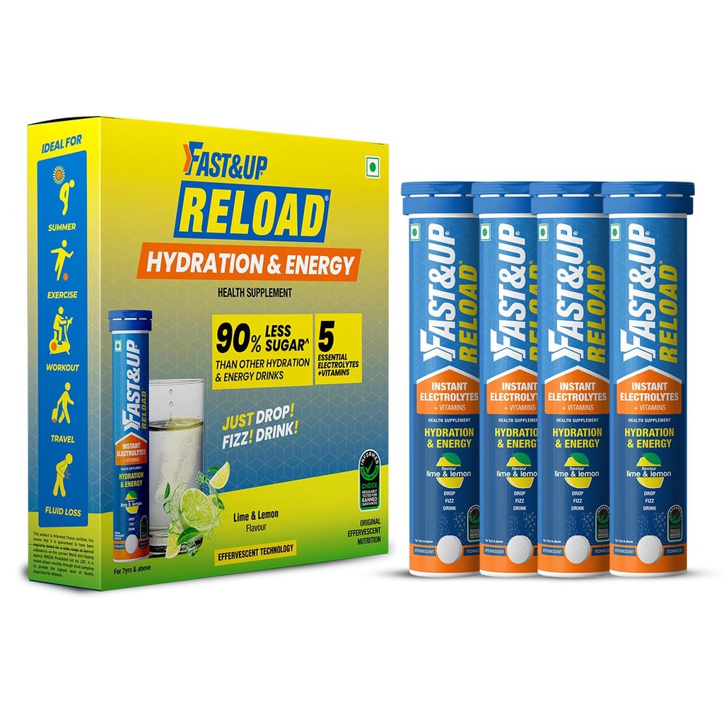 Fast&Up Reload Instant Energy and Hydration Sports Drink - Pack of 4 tubes with 20 tablets each - Lime&Lemon Flavour
