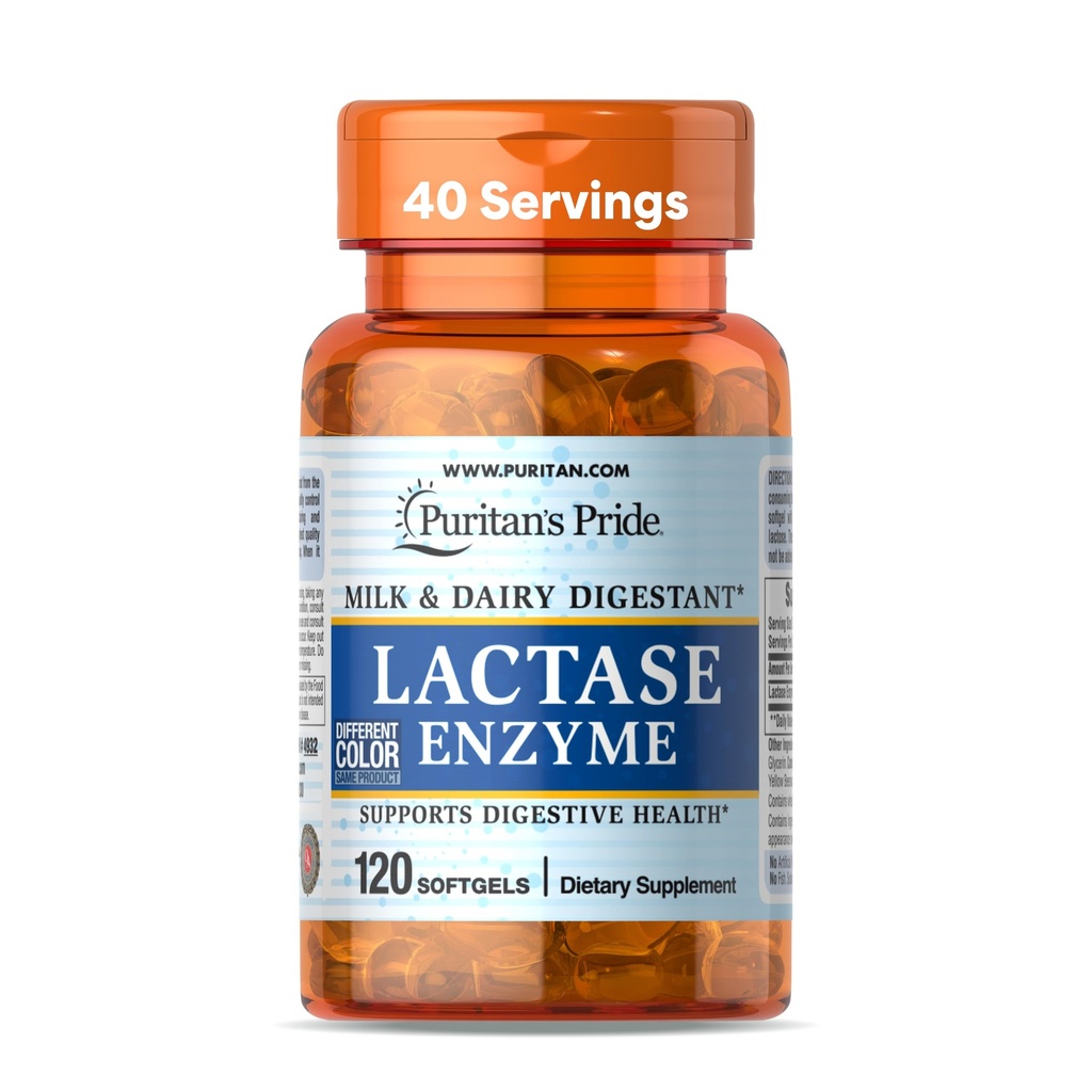 Puritan's Pride Lactase Enzyme, Melk en zuivel Digestant, Dieetsupplement Ondersteuning voor spijsvertering, en Cellular Energy Support, 40 Day Supply, 120 Softgels