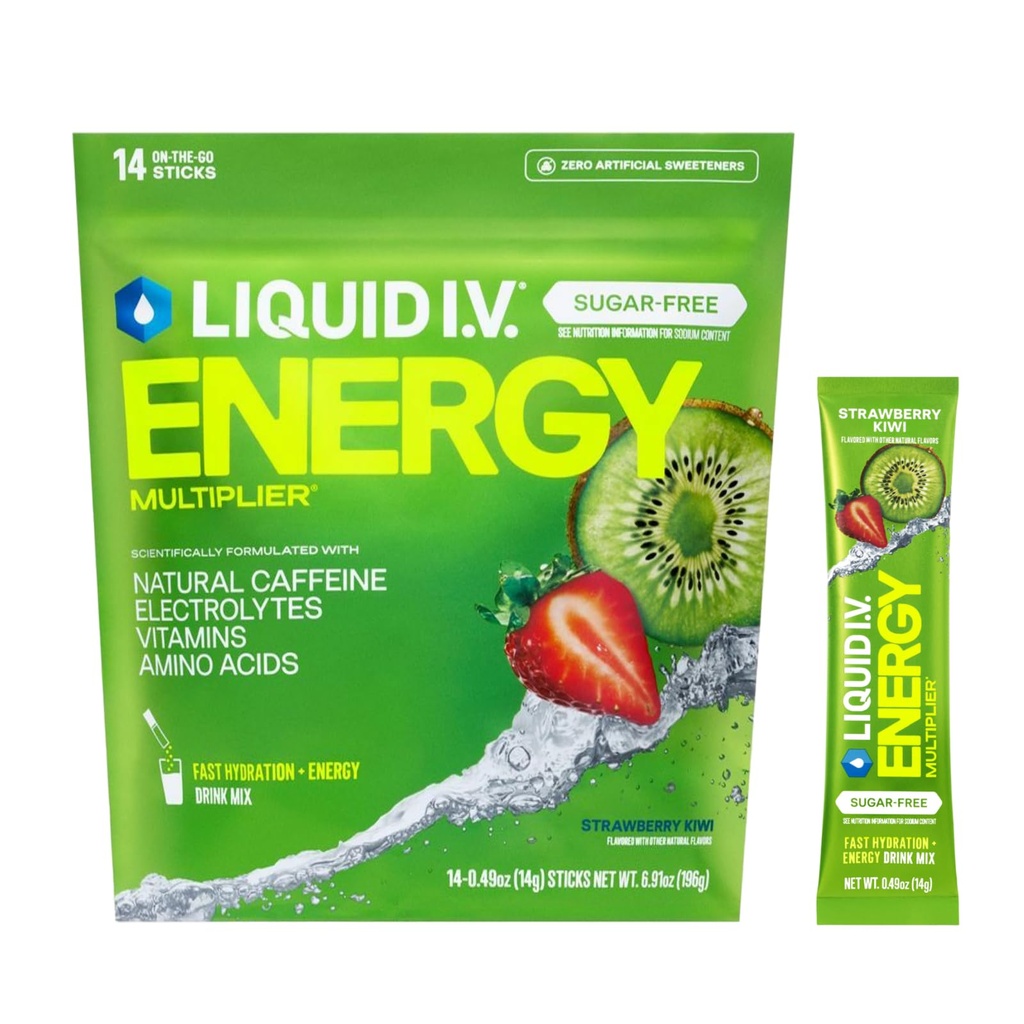 Liquid I.V.® Hydration Multiplier Sugar - Free + Energy - Strawberry Kiwi | Electrolyte Powder Drink Mix | 1 Pack (14 Servings)