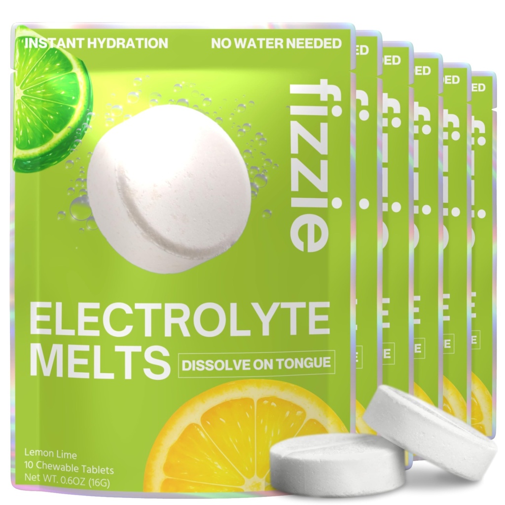 Fizzie Electrolyte Tablets - 4X Faster Absorption - No Water Needed - Rapid Hydration for Runners, Travel & Hangovers - Melts in Mouth - Lemon Lime 6 Pack (60 Servings Total)