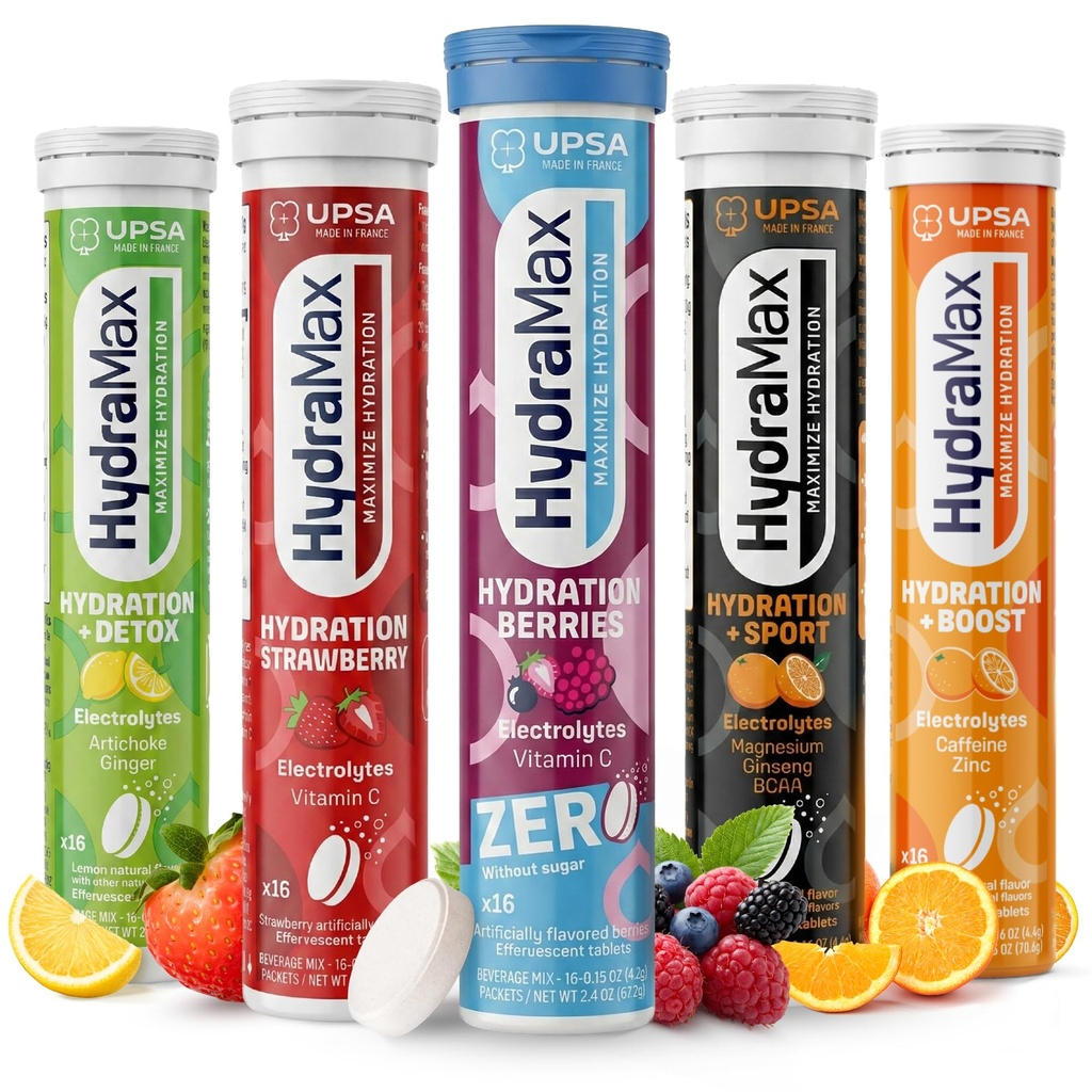 Upsa HydraMax Hydration Tablets Variety Bundle – Electrolyte Drink Mix with Vitamin C & 4 Electrolytes – Daily, Sport, Detox & Energy Support – Mixed Flavors 16 Tablets (5 Pack)