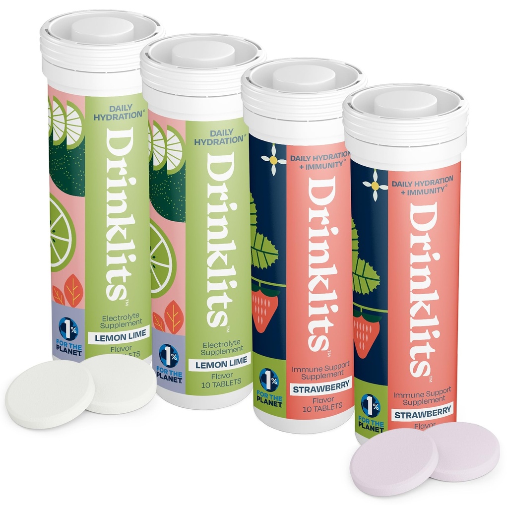 Drinklits Strawberry Immune Support & Lemon-Lime Hydration Electrolyte Tablets (4) Tube Combo Pack | Great Taste – Gluten Free – Daily Use | 4 Pack (40 Servings)
