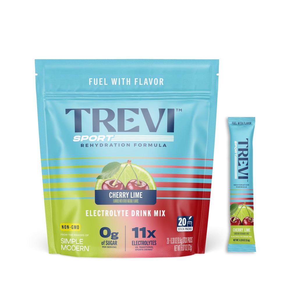 TREVI™ Sport Electrolytes Powder Packets Sugar Free - 800mg Sodium - 250mg Potassium - 100mg Magnesium - Water Drink Mix Rehydration Essentials - 20 Count - Cherry Lime