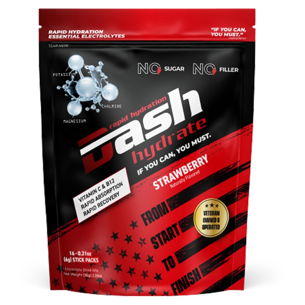 Dash Hydrate Rapid Hydration Electrolyte Drink Mix Packets | Rapid Absorption & Recovery with No Sugar | Activate Energy – Detoxify - Support |16 ct (Strawberry)