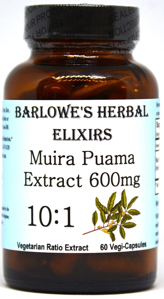 Barlowe's Herbal Elixirs Muira Puama 10:1 Extrait de 600mg Par Capsule Exclusivité Homme Traditionnelle Supplément Vitalité Exclusive 60 Capsules Vegan Exclusives, sans OGM, emballées dans une bouteille en verre