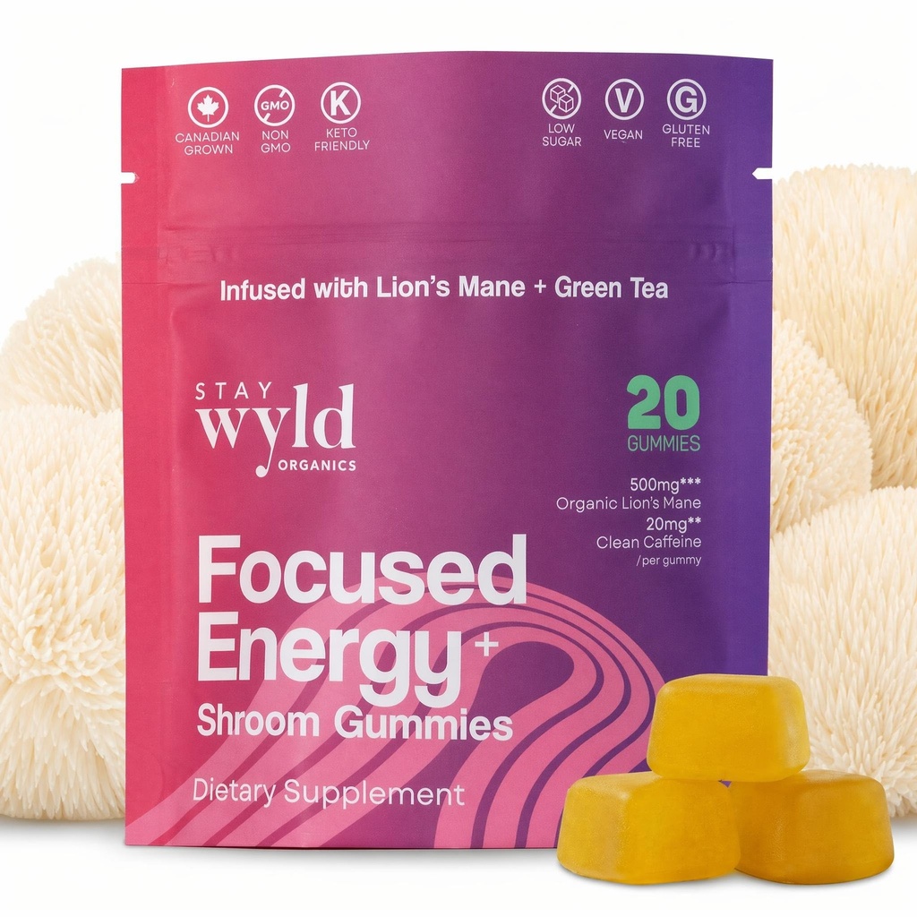 Stay Wyld Organics, Focused Energy+ Mushroom Gummies, 20 Servings, with Lion's Mane & Green Tea - Clean Energy Mushroom Supplement, Mental Focus Gummies, Lions Mane Supplement, Low Sugar & Gluten-Free