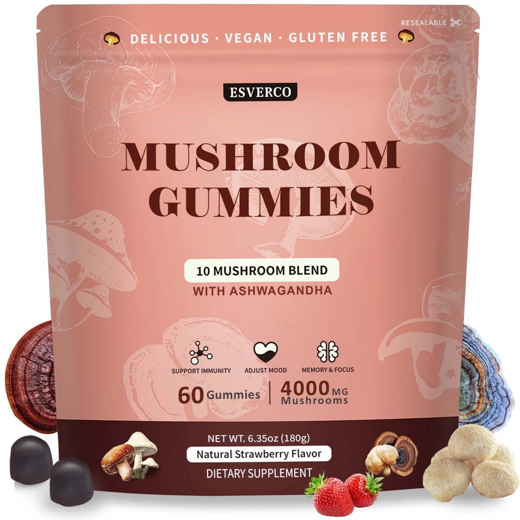 Lions Mane Mushroom Gummies with Ashwagandha, 4000mg 10-Mushroom Complex & 250mg Ashwagandha, Cognitive Support, Mood, Brain Health & Memory, Energy, Reishi, Cordyceps, Turkey Tail, Chaga, 60 Count