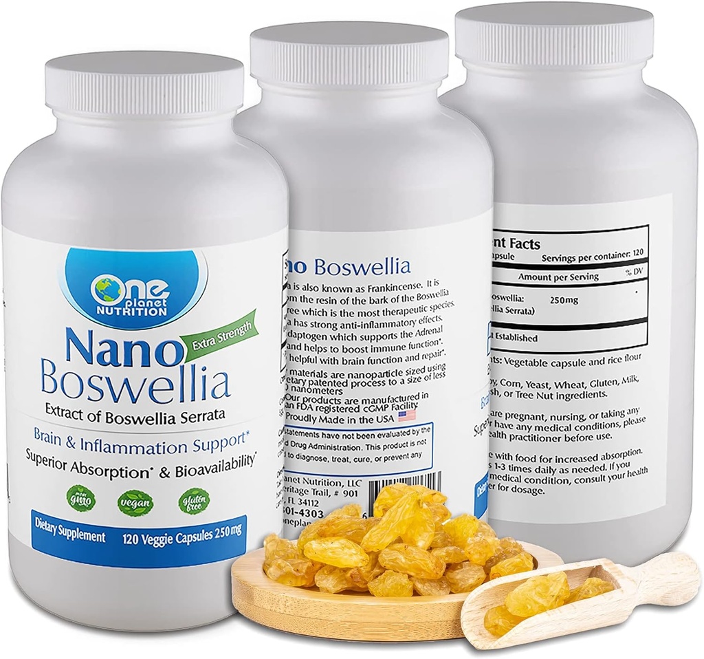 One Planet Nutrition Nano Boswellia 250 mg Capsules de légumes (120 portions), Boswellia serrata Resin, soutient la fonction cognitive pour la santé du cerveau, non-OGM, végétalien, sans gluten