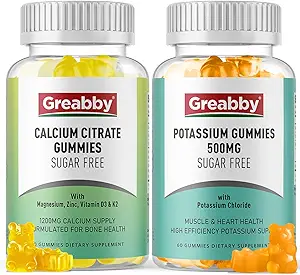 Gommies de potassium et de citrate de calcium Gommies, sans sucre, chlorure de potassium 500 mg, citrate de calcium 1200 mg, santé des os et des muscles