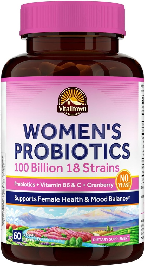Vitalitown Women’s Probiotics | 100 Billion CFUs 18 Strains | Prebiotics, VC & B6, Cranberry | Shelf Stable | Vaginal, Urinary, Digestive & Mood Support | 60 Vegan Caps