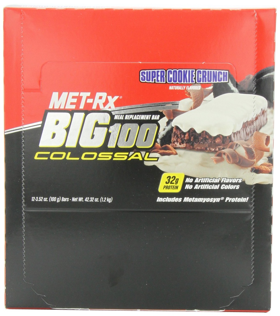 MET-Rx Big 100 Colossal Meal Replacement Bar, Super Cookie Crunch, 3 Ounce (Pack of 12)