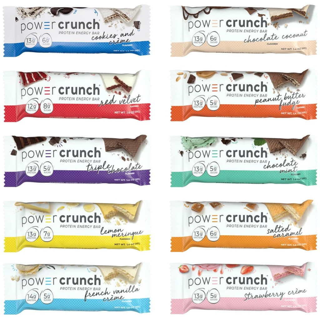 Power Crunch Whey Protein Bars, Variety Sampler Pack - 10 Flavors 1.4 Ounce Bars (10 Count) By Veher