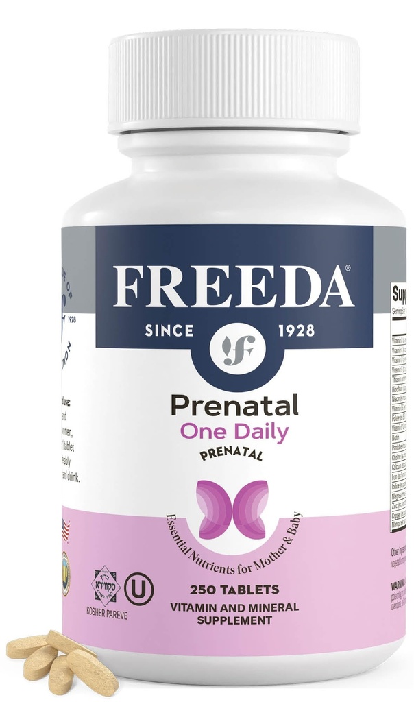 FREEDA Prenatale Vitamine - Kosher Prenatale Vitaminen - Prenatale Vitaminen met ijzer, prenatale Foliumzuur, Choline, Vitamine D - One Daily Pre Natal Multivitamine Ondersteuning voor zwangere vrouwen en borstvoeding (250)