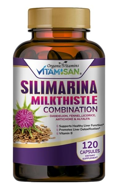 VITAMISAN Thistle de lait silimarina avec Dandelion, Fenouil. Licorice, Artichoke Alfalfa Detox & Formule de nettoyage Support Foie 120 Capsules