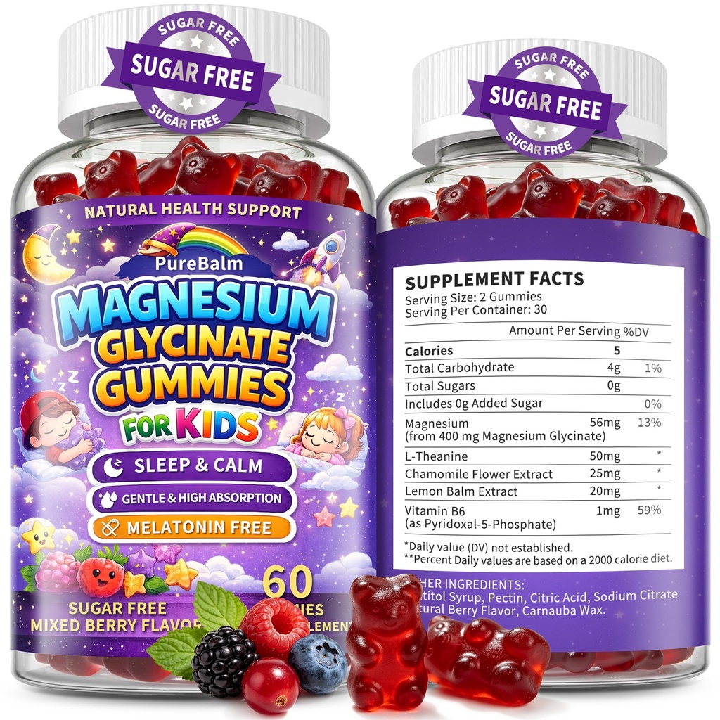 2 Pack-Magnesium Glycinate Gummies for Kids 4+,Melatonin Free Natural Calm & Sleep Support Supplement with L-Theanine,High Absorption,Vegan,Sugar Free Chewable,Mixed Berry Flavor,60 Day Supply