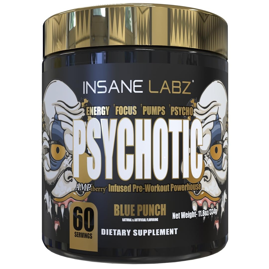 Insane Labz Or psychotique, Poudre de pré-entraînement stimulante, Focus d'énergie durable extrême, Pompes et Endurance avec Beta Alanine, DMAE Bitartrate, NO Booster (60 Servants, Blue Punch)