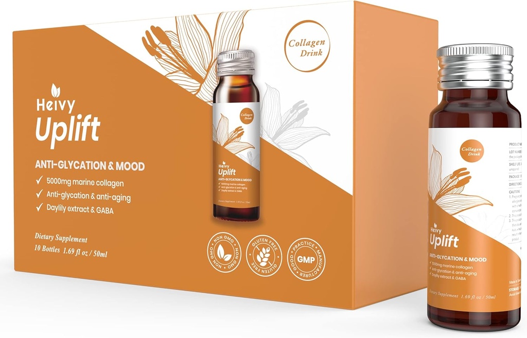 Heivy Liquid Collageen Supplement, Collageen Drink, Collageen Peptides, Age-Defying en Brighten up Your Day, Ageless Beauty, Hydrolyzed Collageen, met CoQ10, 1.69 f.oz./ Bottle (1 Box,10 flessen)