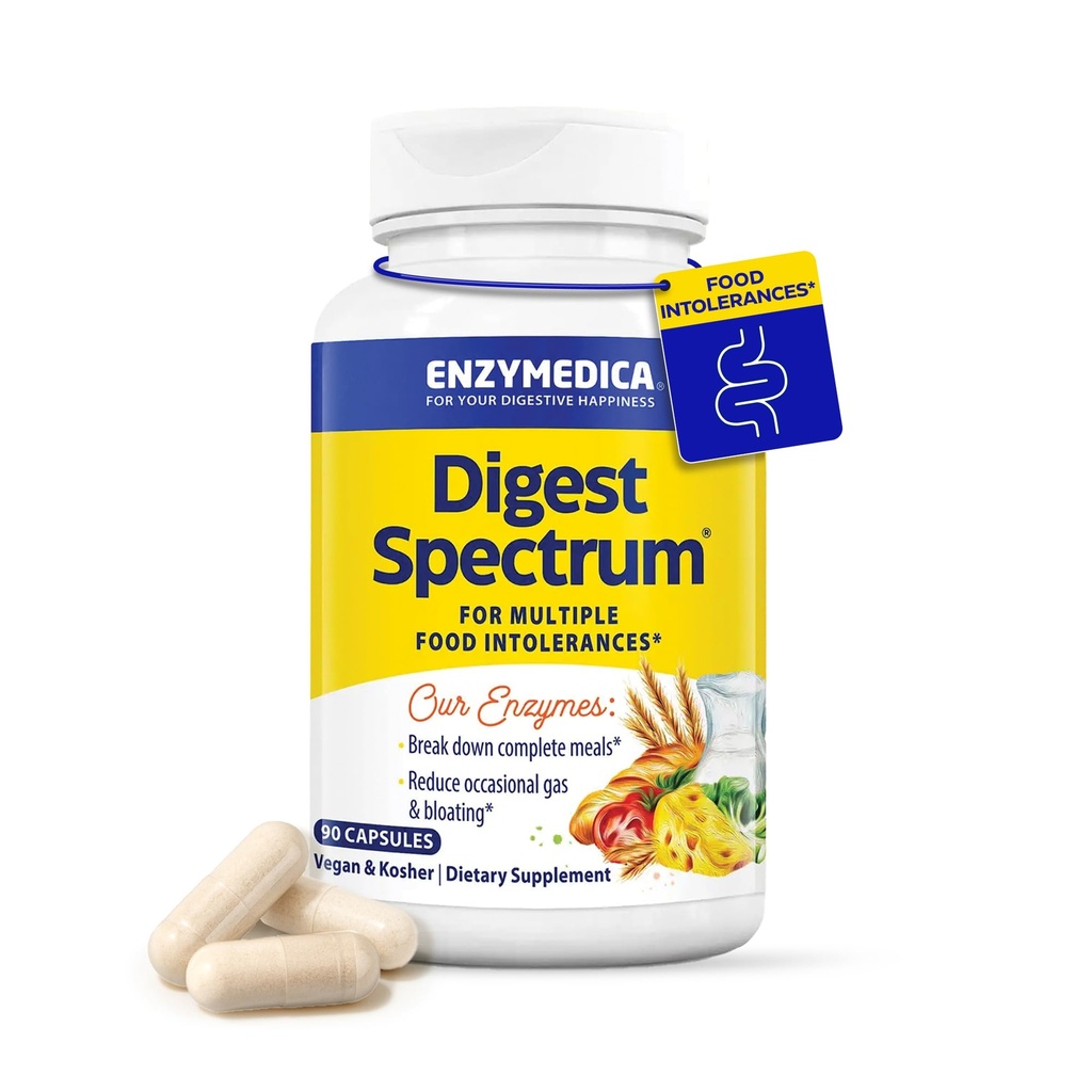Enzymedica Digest Spectrum, geavanceerde digestieve enzymen voor vrouwen en mannen, Ondersteunt spijsvertering en Meerdere Food Intolerances, Snelwerkende formule voor gas en opgeblazen verlichting, 90 capsules