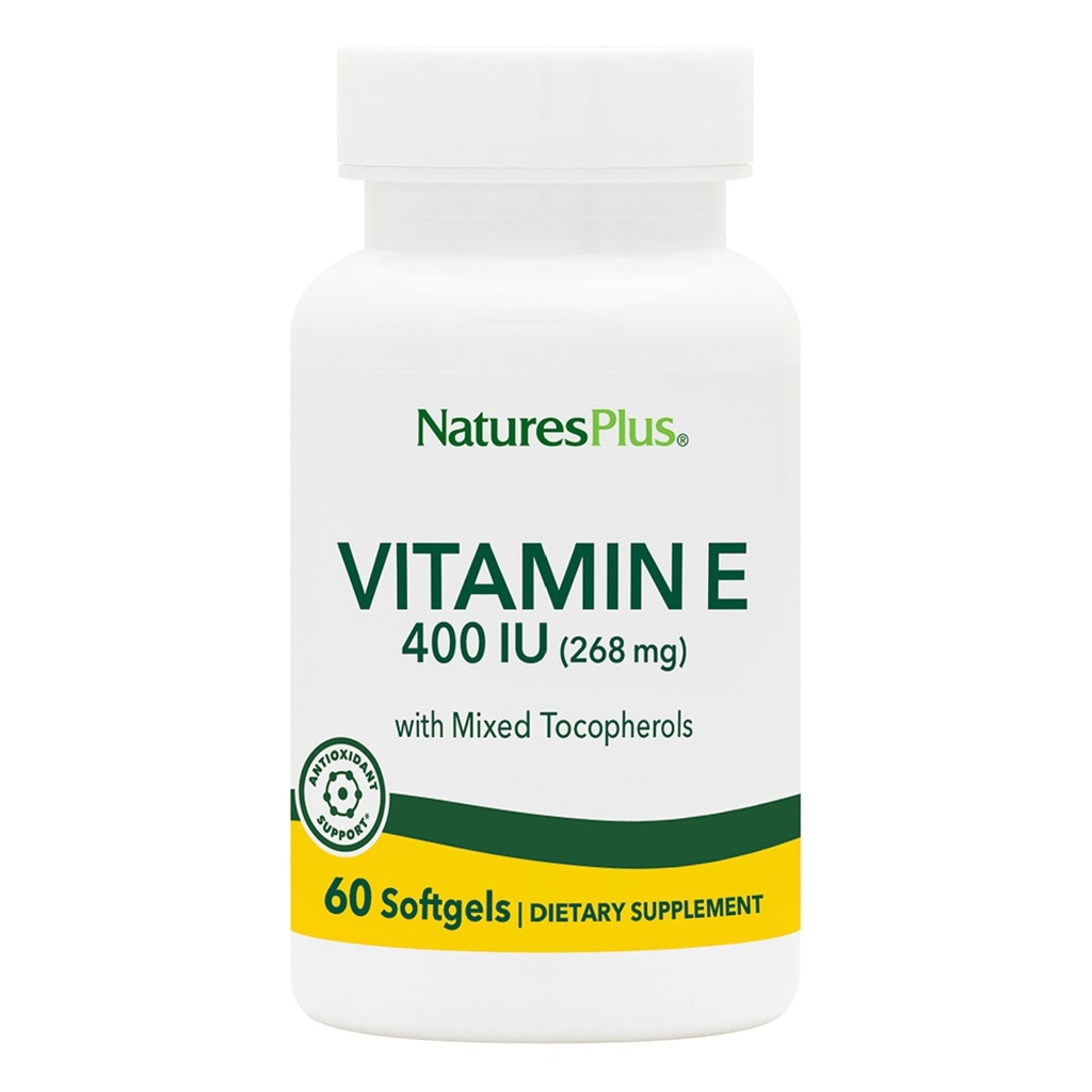 NaturesPlus Vitamine E - 400iu Gemengde D-Tocoferol, 60 Softgels - Eenvoudig doorslikken Vitamine E-supplement, afgeleid van natuurlijke sojaolie - Vrij-Radische verdediging - Glutenvrije - 60 porties