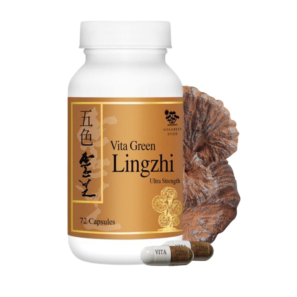 Capsules de champignons Vita Green Lingzhi pour l'énergie, la mémoire et le soutien immunitaire – Supplément de Reishi pur avec des antioxydants naturels pour le bien-être et l'énergie – 72 Capsules