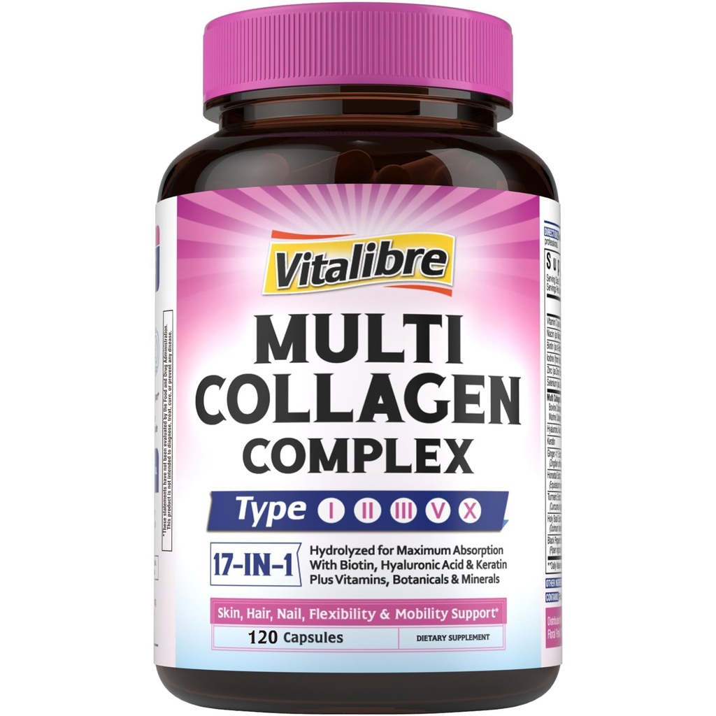 Vitalibre Collagen Peptides Capsules for Women & Men, Type I, II, III, V, X, Biotin, Hyaluronic Acid & Keratin, Vitamin C, Niacinamide, Turmeric & Ginger, Skin, Hair, Nail, Flexibility, 120 Count