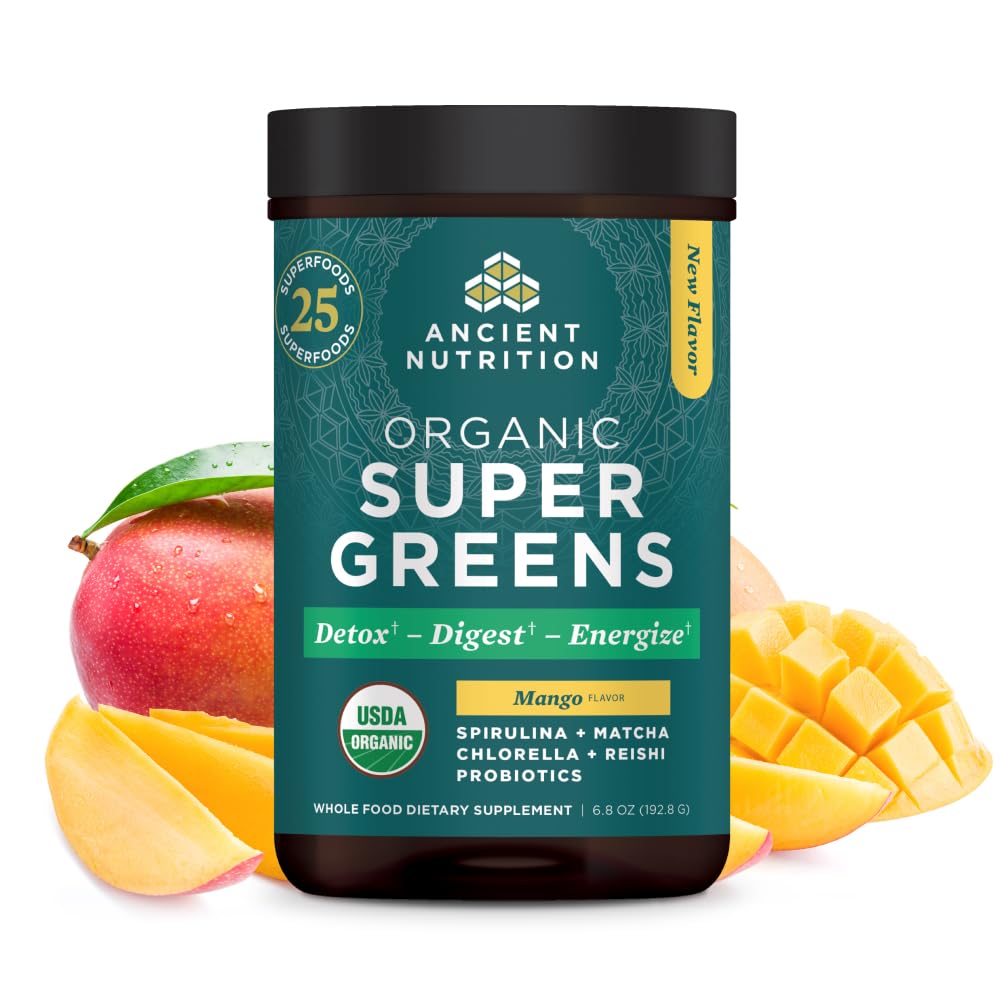Oude Voeding SuperGreens Poeder met Probiotica, Biologische Mango smaak Groenen, Gemaakt van echte groenten, groenten en kruiden, Digestieve en energie-ondersteuning, 25 porties, 6.8oz