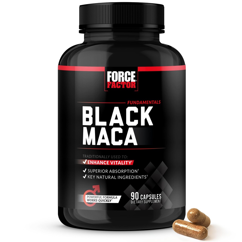 FACTEUR DE FORCE Supplément de racine de maca noire pour les hommes, 1000mg Maca Negra Extrait pour l'énergie, l'équilibre hormonal et la vitalité, Absorption supérieure avec BioPerine, 90 Capsules