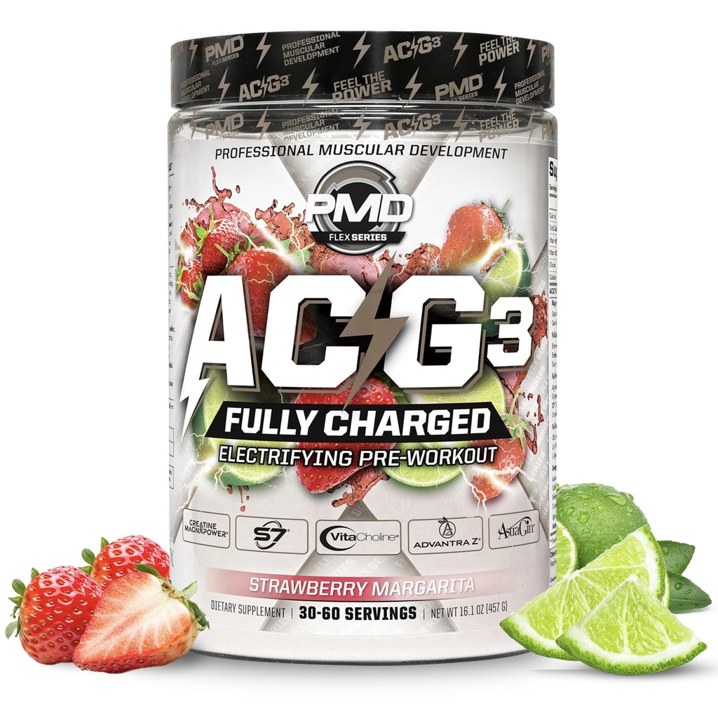PMD Sports ACG3 Fully Charged - Electrifying Pre Workout Powder - High Energy & Pump Pre Workout for Men and Women to Maximize Focus, Endurance & Performance - Strawberry Margarita (30-60 Servings)