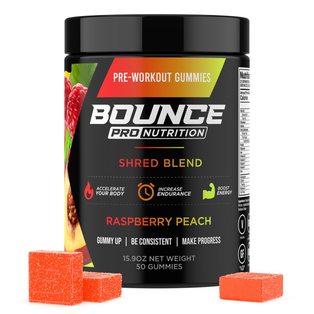 Bounce Pro Shred Blend Pre Workout Gummies – Raspberry Peach – 50 Vegan Gummies with Caffeine, Ashwagandha & L-Theanine for Energy, Focus & Endurance (50 Count (Pack of 1), Raspberry Peach)