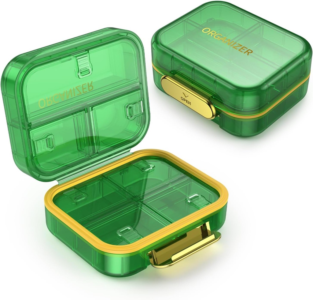 7 Compartiment Reis pil Box, pil Organisator Vocht Proof Mini pil geval, kleine pil Box voor zaktas, dagelijkse draagbare geneeskunde vitamine doos, Fish Oil Box, Supplement Box (Groen)