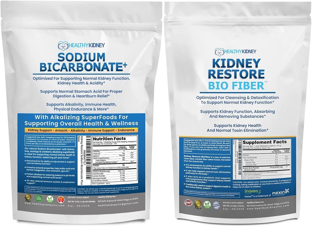 Biologische natriumbicarbonaat Alkaline Supplement 1.5LB & Bio Fiber Nierreiniging Detox 2.5 LBS Bundel 