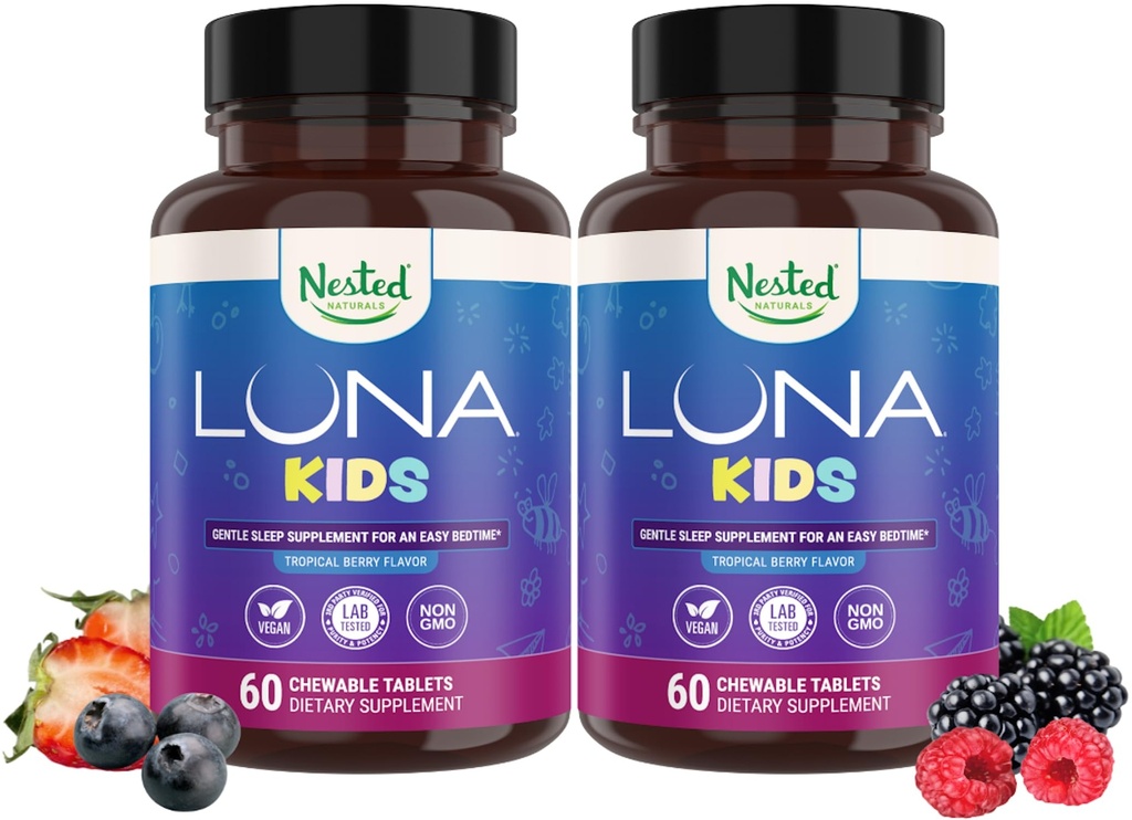 Nested Naturals Luna Kids Slaaphulp Tablets voor kinderen 4+ - Natuurlijk opgewekte ingrediënten - Voorzichtig, kruidensupplement met kamille, Melatonine, Valeriaan & Citroen Balsem - 120 Kauwtabletten