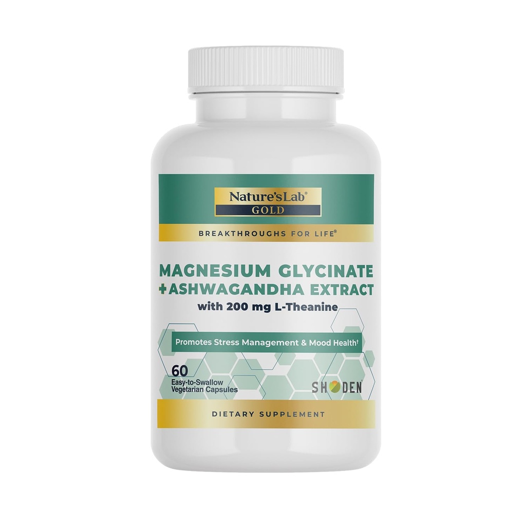 Nature's Lab Gold Magnesium + Ashwagandha with L-Theanine - Promotes Stress Management & Mood Health* - 60 Capsules (30 Day Supply)
