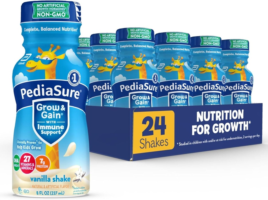PediaSure Grow & Gain with Immune Support, 27 Vitaminen & Minerals for Kids, 7g Protein, Non-GMO, Gluten-Free, Vanille, 8-fl-oz Fles, Verpakking van 24