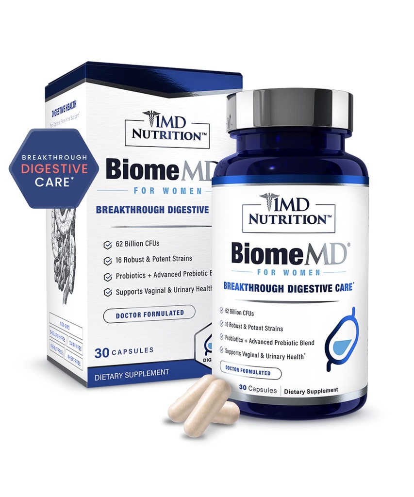 1MD Nutrition BiomeMD Probiotiques pour les femmes - Prébiotiques quotidiens et probiotiques pour les femmes - plus de 60 milliards UFC, 15 souches - Probiotiques pour les femmes pour soutenir la santé urinaire et vaginale - 30 capsules